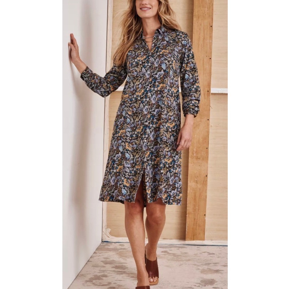 J Jill Satin Shirt Collar Dress Size S Multi Floral Shirtdress Button Front